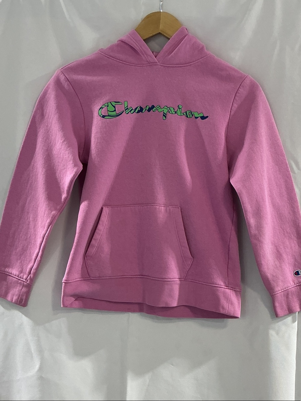 Champion Pink Hoodie with Green and Blue Script Logo